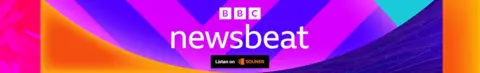 彩色背景上，BBC 徽标位于 Newsbeat 徽标上方